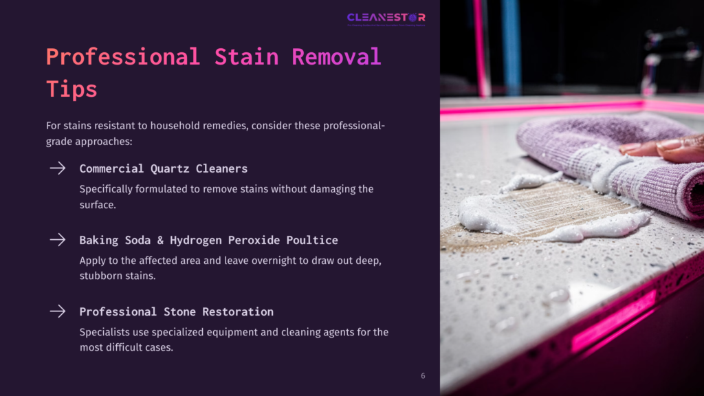 A Close-Up Of A Quartz Countertop With A Cleaning Cloth And Cleaning Products; A Pink Hue From The Background Enhances The Scene.