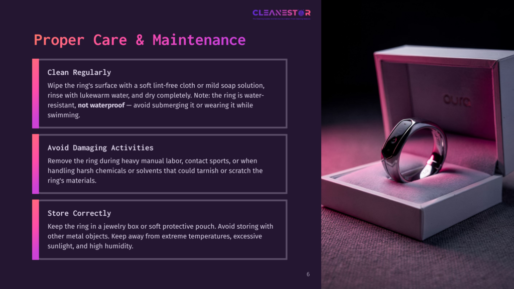 Oura Ring In An Elegant Box With A Deep Purple Background, Accompanied By Text On Cleaning And Maintenance Tips In White And Blue.