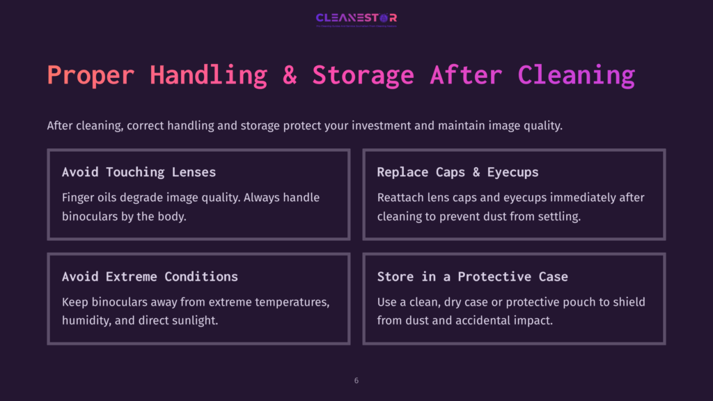 Four Quadrants Outlining Binocular Care: Lens Cleaning Tips, Reattaching Caps, Ideal Storage Conditions, And Using A Protective Case.