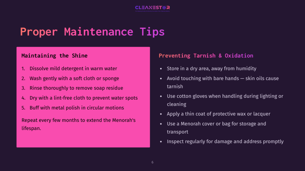 Bright Pink And Purple Slide Featuring Maintenance Tips For A Menorah, Including Cleaning, Storing, And Protecting Against Tarnish.
