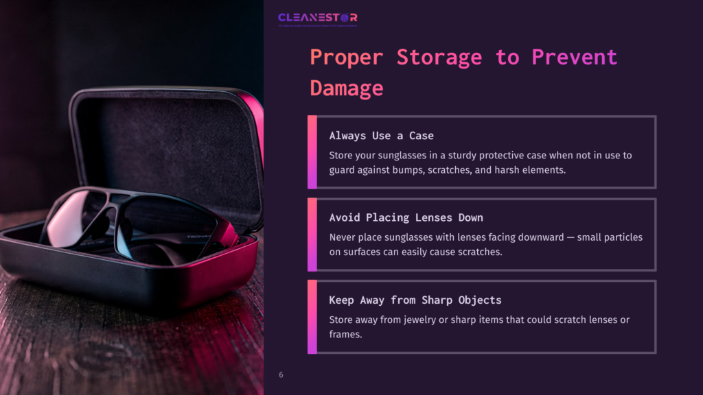 A Closed Black Sunglasses Case With A Pair Of Sunglasses Inside, Against A Dark Background Featuring Tips On Proper Storage.