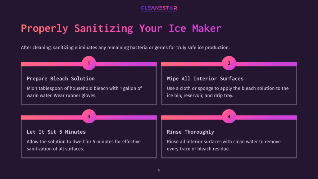 Step-By-Step Graphic Detailing The Cleaning Process For An Ice Maker, Featuring Numbered Instructions, Colorful Boxes, And Icons.