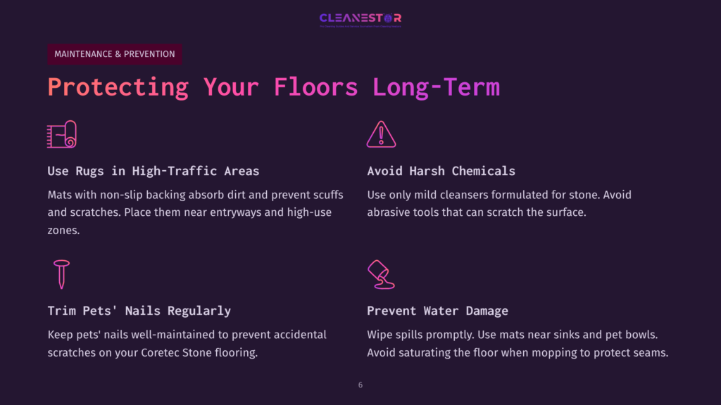 Infographic Detailing How To Protect Floors Long-Term, With Icons For Rugs, Harsh Chemicals, Pet Nails, And Water Damage. Text Includes &Quot;Protecting Your Floors Long-Term.