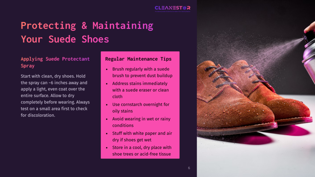 Brown Suede Shoes Are Being Sprayed With A Protective Spray, With A Focus On The Spray Mist And Shoe Textures. The Background Is Purple.