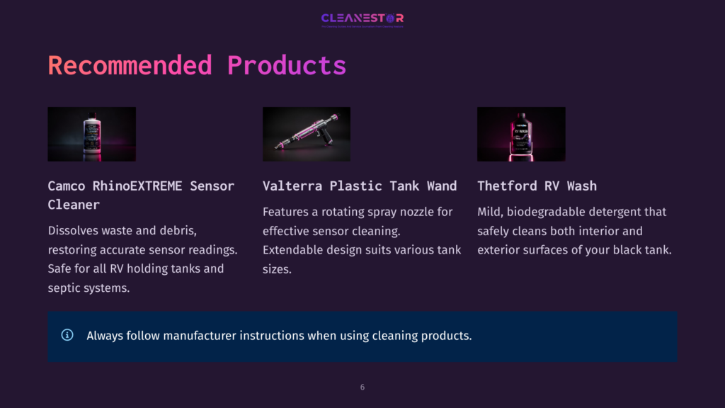 Three Recommended Products For Rv Holding Tanks And Septic Systems: Camco Rhinoextreme Sensor Cleaner, Valterra Plastic Tank Wand, And Thetford Rv Wash. The Image Displays Their Packaging And Brief Descriptions.
