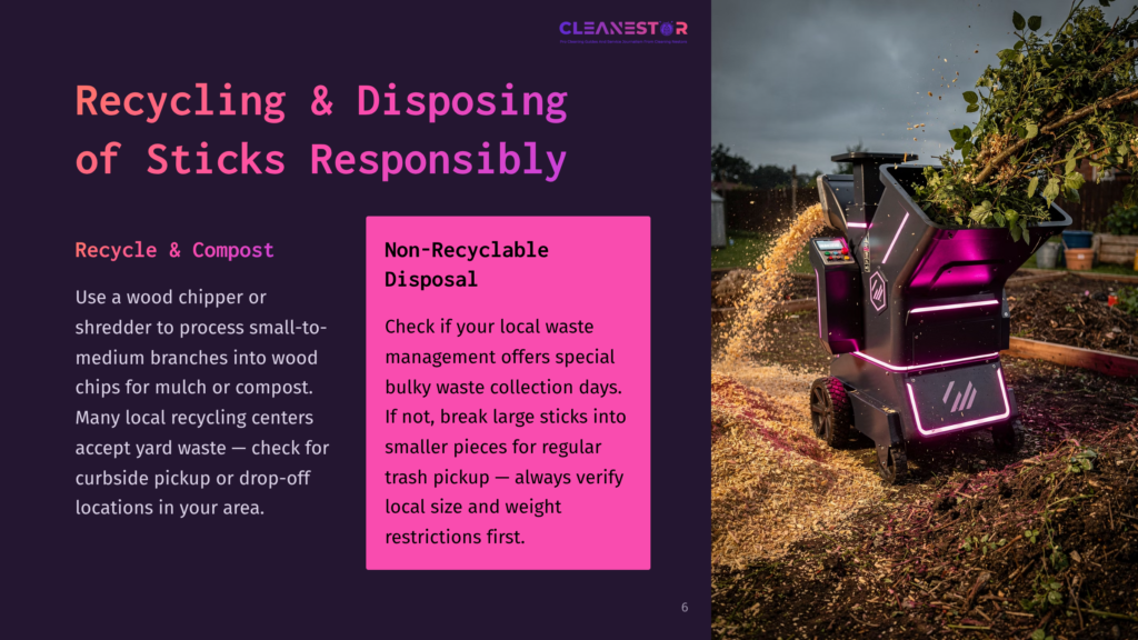 A Green And Pink Wood Chipper Shreds Branches In A Garden, With Piles Of Wood Chips On The Ground. Text On The Left Reads &Quot;Recycling &Amp; Disposing Of Sticks Responsibly&Quot;.