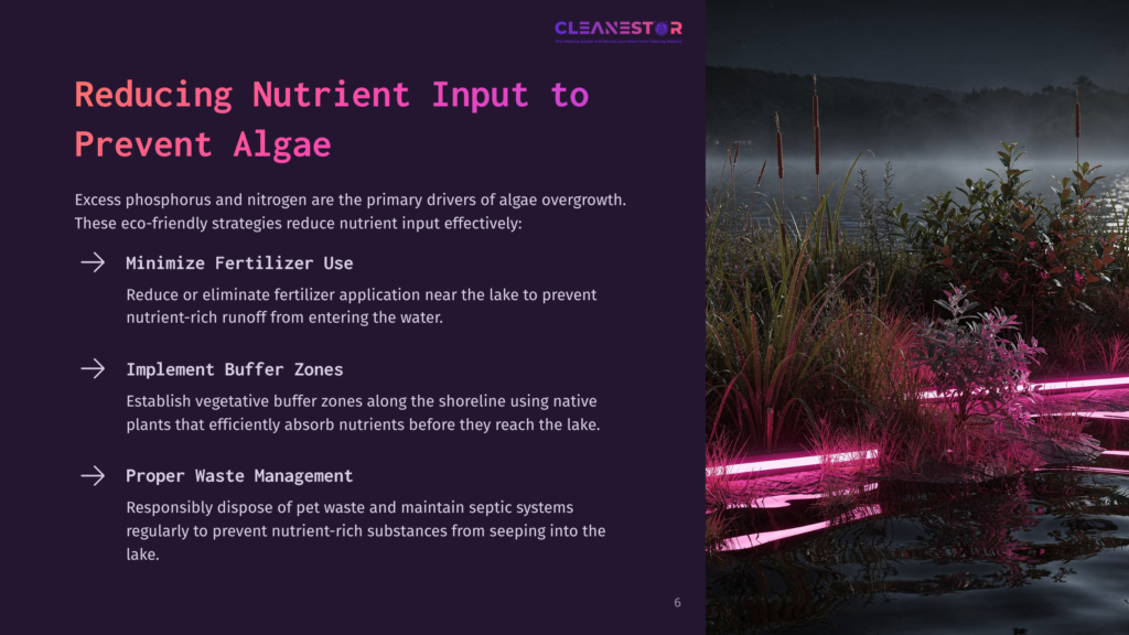 A Serene Lake At Dusk, With Lush Green Reeds And Plants Bordering The Water. The Scene Is Illuminated By Vibrant Pink Neon Lights Reflecting On The Water'S Surface, Creating A Striking Contrast Between Nature And Modern Lighting. Text On The Left Discusses Reducing Nutrient Input To Prevent Algae.