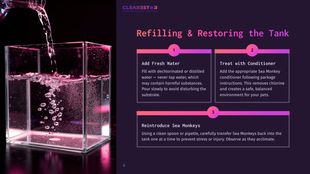 6 Refilling And Restoring The Tank A Transparent Tank With Splashing Water On A Dark Background, Featuring Instructions For Refilling And Restoring A Sea Monkey Habitat.