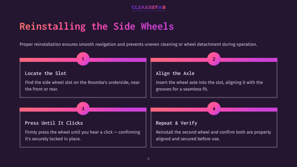 Infographic Detailing How To Reinstall Roomba Side Wheels, With Steps 1-4: Locate The Slot, Align The Axle, Press Until It Clicks, And Repeat &Amp; Verify. Cleanestor Logo At The Top.