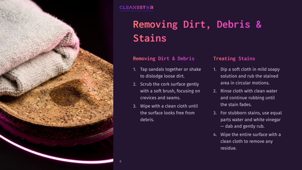 A Close-Up Of A Cork Sandal And A Soft Cloth, With Instructions For Cleaning Shown On A Dark Background Featuring Vibrant Colors.