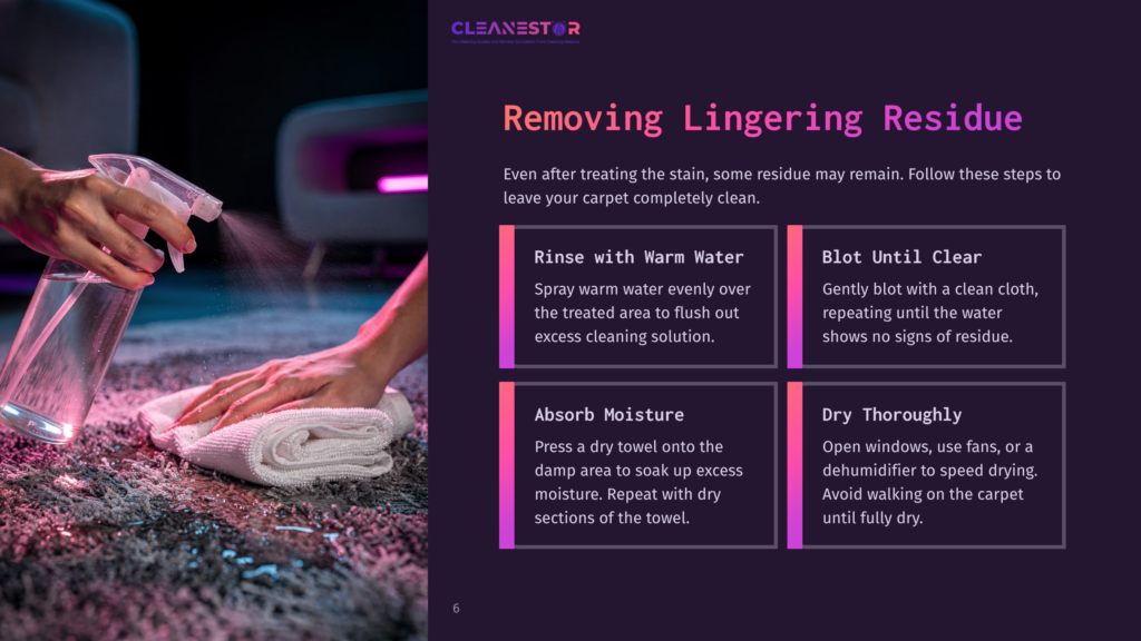 A Hand Holds A Clear Spray Bottle Above A Carpet, With Instructions On Cleaning Stains Displayed In Colorful Boxes On The Right.