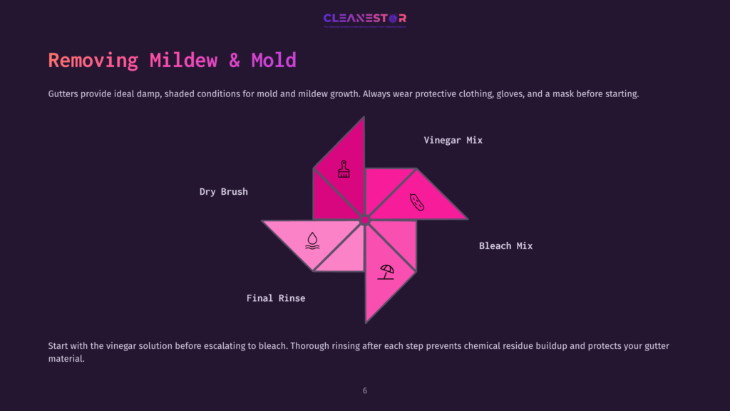 6 Removing Mildew And Mold A Diagram Illustrating A Step-By-Step Process For Removing Mildew And Mold From Gutters, Featuring A Central Pinwheel Design With Icons Representing Dry Brush, Vinegar Mix, Bleach Mix, And Final Rinse.