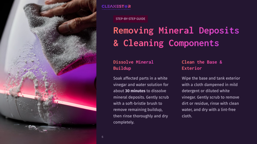 6 Removing Mineral Deposits And Cleaning Components Close-Up Of A Hand Cleaning White Mineral Deposits From A White Appliance With A Microfiber Cloth, Illuminated By Purple And Pink Led Lights. Text Overlay: &Quot;Cleanestor Removing Mineral Deposits &Amp; Cleaning Components.