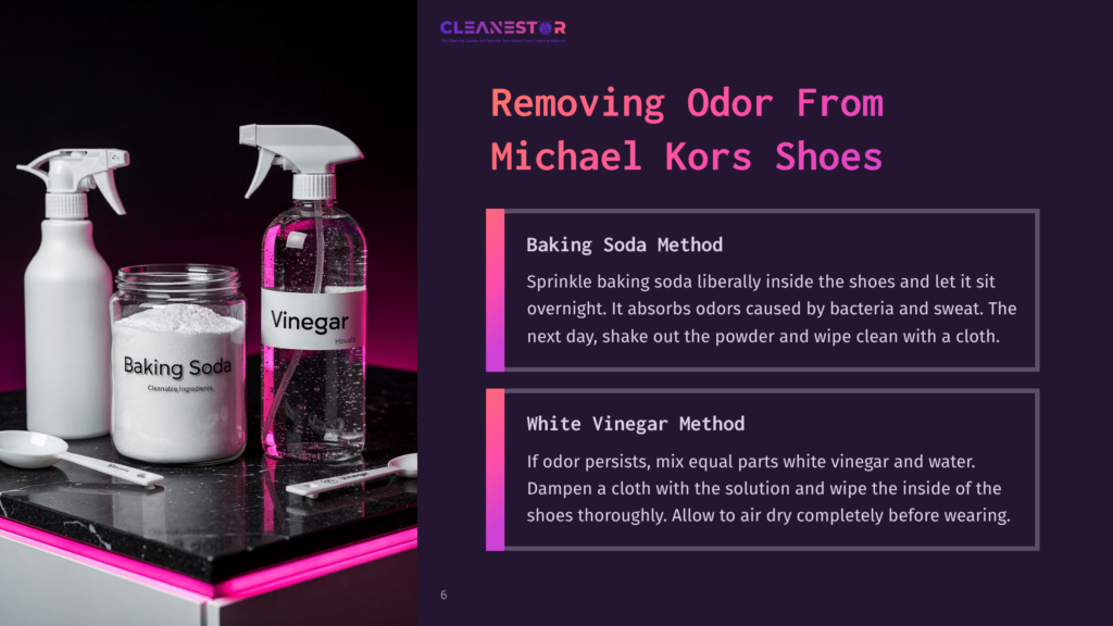 Two Spray Bottles Labeled &Quot;Baking Soda&Quot; And &Quot;Vinegar&Quot; Beside A Bowl Of Baking Soda, With A Pink-Lit Background And Cleaning Instructions.
