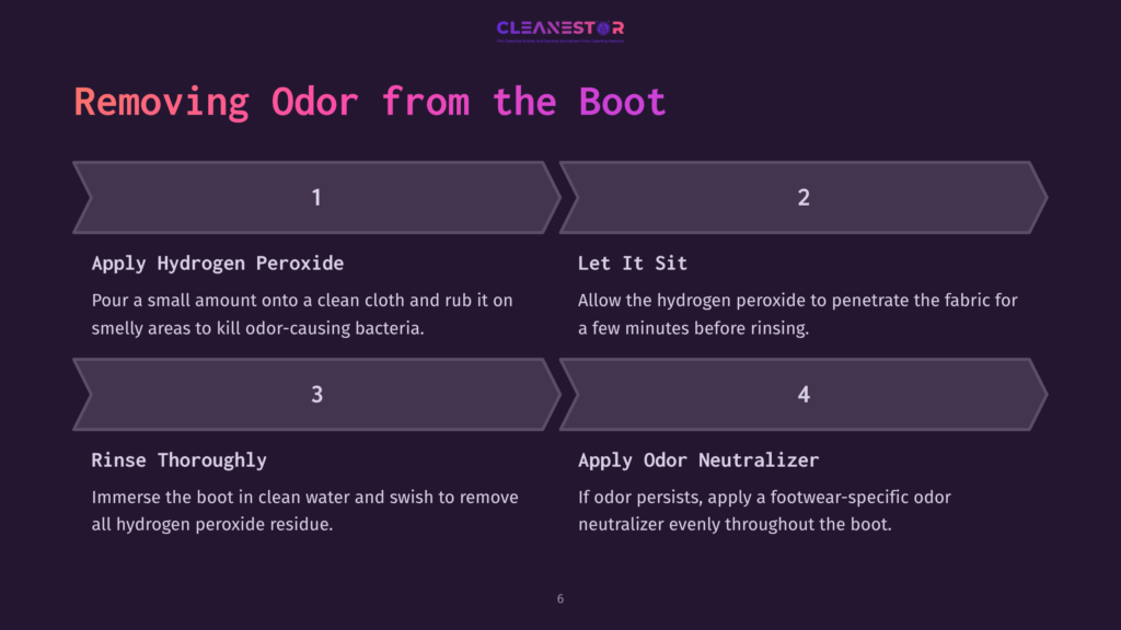 Step-By-Step Guide On Deodorizing Walking Boots, Featuring Numbered Instructions With A Dark Background And Highlighted Text In Pink.