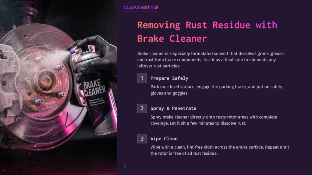 A Hand In A Black Glove Sprays Brake Cleaner Onto A Rusty Car Brake Rotor. The Can Reads &Quot;Brake Cleaner&Quot; And The Text &Quot;Removing Rust Residue With Brake Cleaner&Quot; Is Visible.