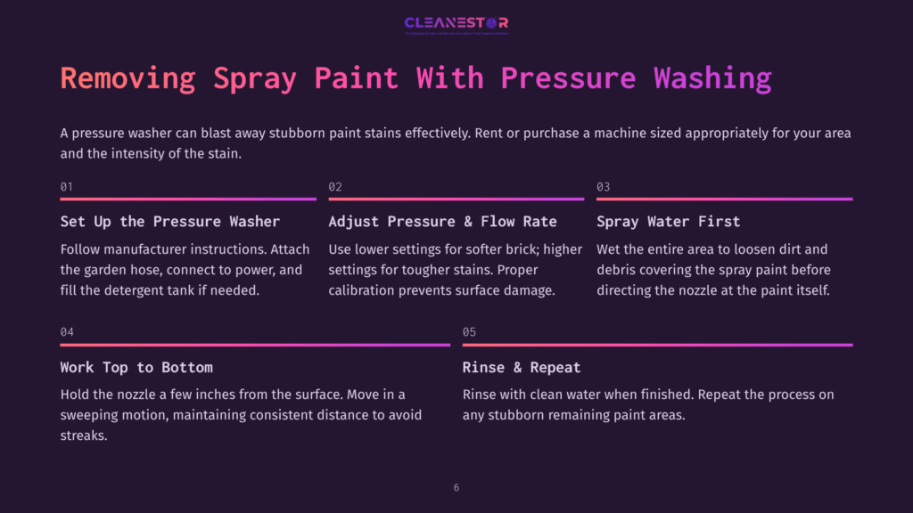Instructions For Cleaning Spray Paint Off Brick Using A Pressure Washer, Featuring Step-By-Step Text In White On A Dark Background.