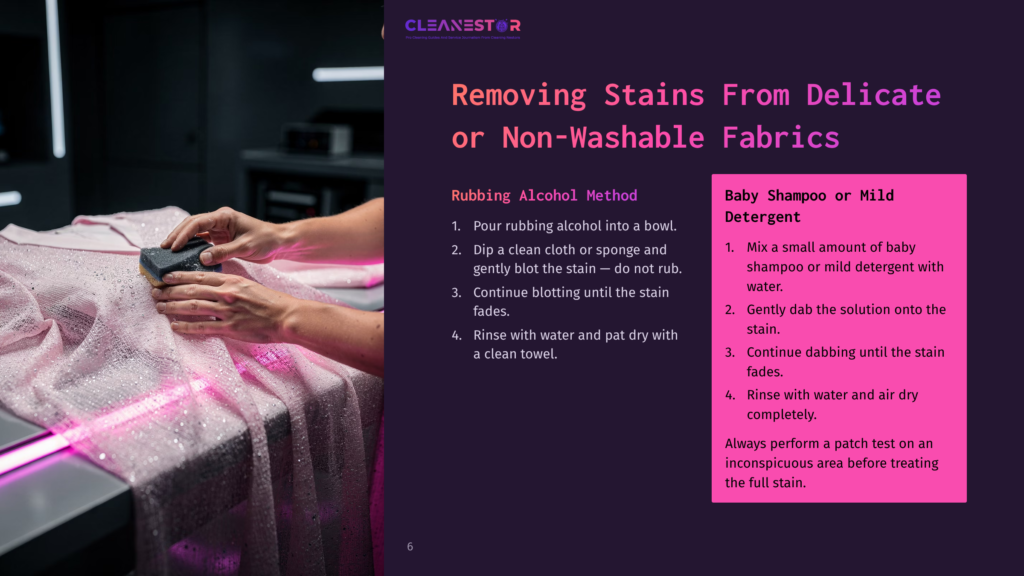 A Hand Blots A Pink Fabric With A Cleaning Solution While A Bowl Of Rubbing Alcohol And A Towel Are Visible, Illustrating Stain Removal.