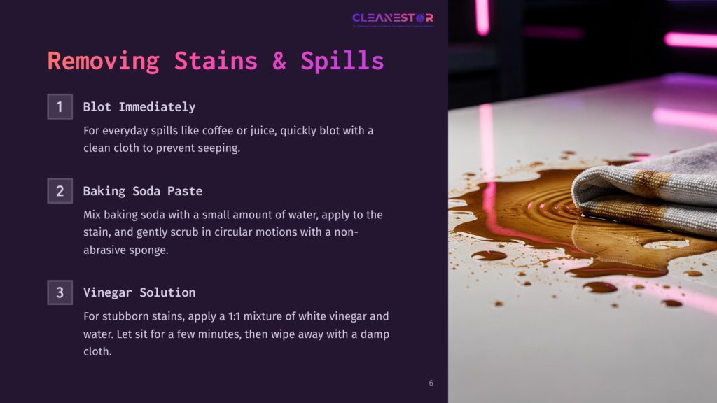 A Spilled Coffee Stain On A White Caesarstone Surface Next To Cleaning Tips. The Background Features Bold Text In Dark Purple And Pink Accents.