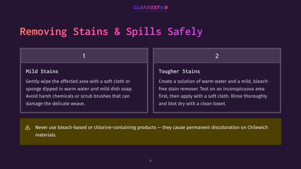 Cleanestor Logo And Text &Quot;Removing Stains &Amp; Spills Safely&Quot; With Two Columns: &Quot;Mild Stains&Quot; And &Quot;Tougher Stains&Quot; Detailing Cleaning Instructions, And A Warning About Bleach.