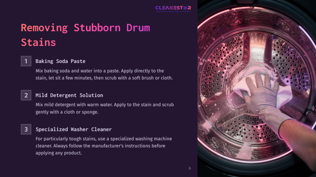 Close-Up Of A Washing Machine Drum With Visible Stains, Featuring Instructions On Cleaning Solutions In A Contrasting Purple And Pink Layout.