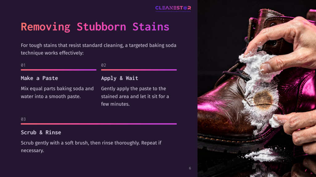 6 Removing Stubborn Stains 1 A Close-Up Of A Polished Brown Duck Boot Being Cleaned With A Baking Soda Paste, Alongside Text Instructions On Effective Stain Removal Techniques.