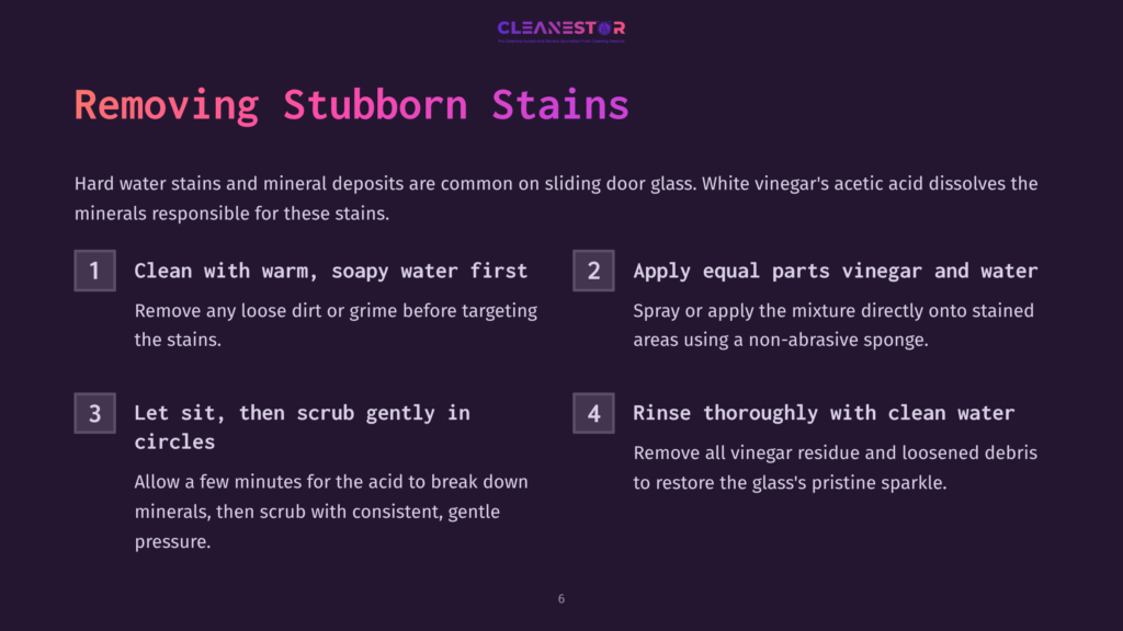 Text Instructions On Cleaning Sliding Door Glass, Featuring Steps For Removing Stubborn Stains With Vinegar And Soapy Water.