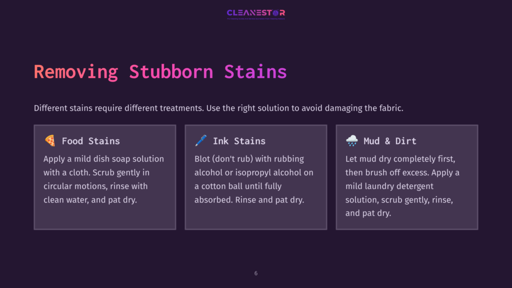 Three Methods For Removing Stubborn Stains From Fabric: Food Stains, Ink Stains, And Mud, Each With Specific Instructions And Visuals.