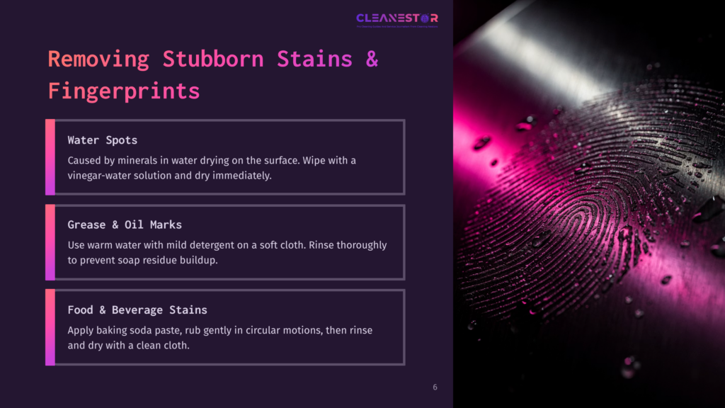 6 Removing Stubborn Stains And Fingerprints Close-Up Of A Fingerprint With Water Droplets, Set Against A Dark, Reflective Surface With Vibrant Pink And Purple Lighting. Text Overlays Discuss Removing Stubborn Stains And Fingerprints.