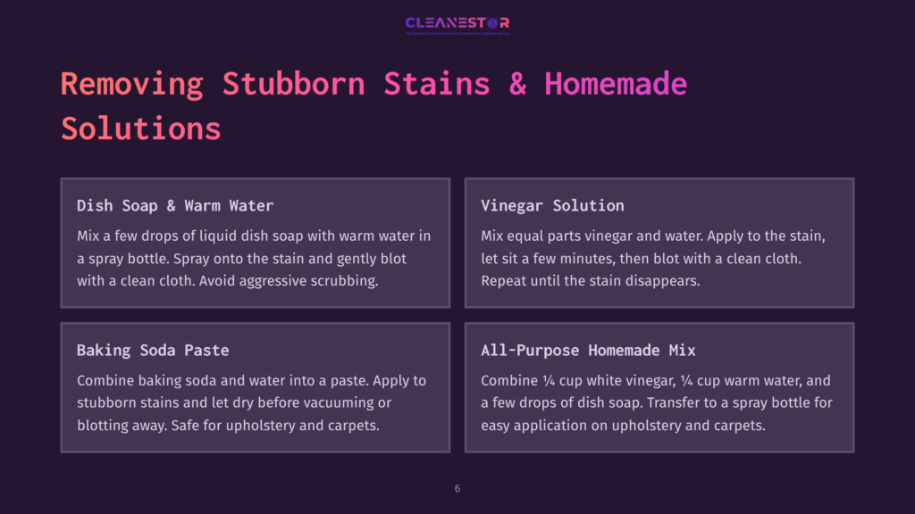 Four Blocks Of Text On A Dark Background With Purple Accents, Detailing Solutions For Cleaning Stains. Key Ingredients: Dish Soap, Vinegar, Baking Soda, And A Homemade Mix.