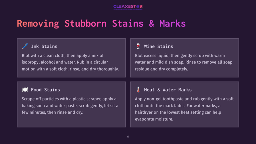 Instructions On Cleaning Stains From Epoxy Resin Tables, Featuring Tips For Wine Stains, Heat Marks, And Water Marks With Illustrated Icons.