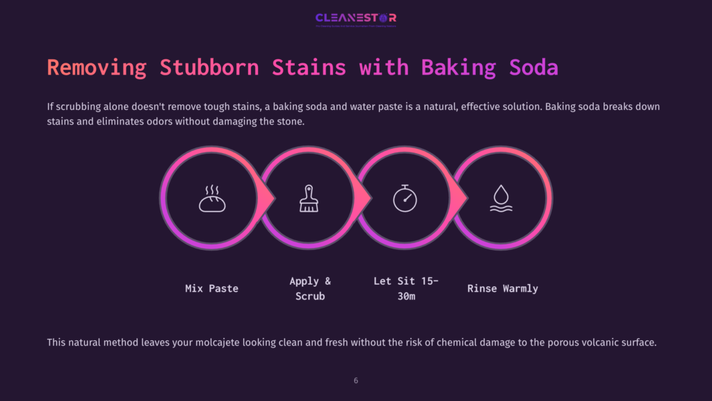 A Graphic Illustrating Stain Removal From A Molcajete Using Baking Soda, Featuring Four Steps In Pink And Purple Circles With Icons.