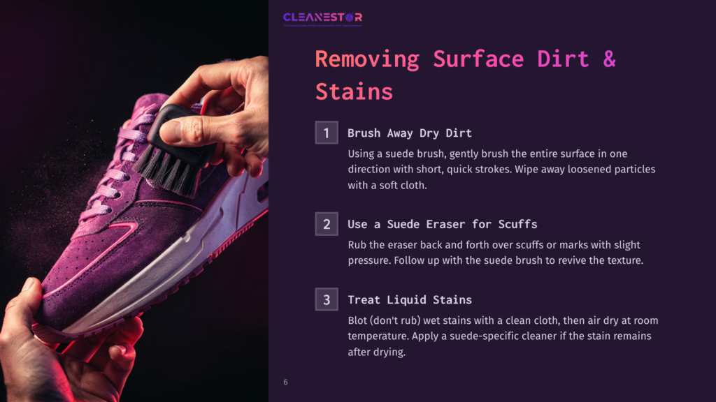 Close-Up Of A Hand Using A Soft Brush To Clean Purple Suede Sneakers, Showing The Process Of Removing Surface Dirt And Dust From The Shoe'S Material.