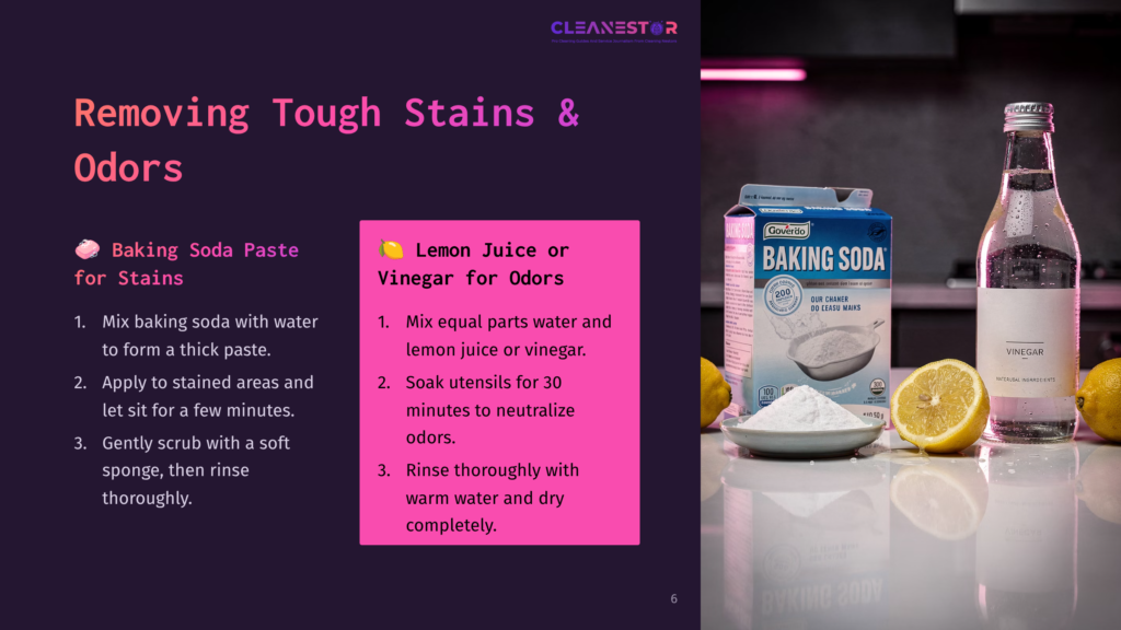 Bamboo Utensils Next To A Bowl Of Baking Soda, Lemon Juice, And A Bottle Of Water, With Instructions For Cleaning Stains And Odors.