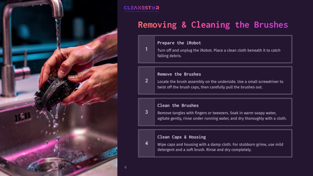 Close-Up Of Hands Cleaning A Robot Vacuum Brush Under Running Water In A Stainless Steel Sink. Instructions For Cleaning Robot Brushes Are Visible On The Right.
