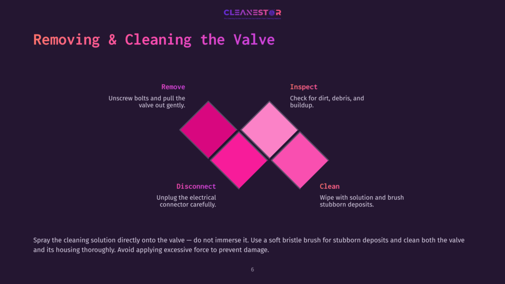 Diagram Showing The Steps For Removing And Cleaning A Valve: Remove, Disconnect, Inspect, And Clean. Text Includes The Title &Quot;Removing &Amp; Cleaning The Valve&Quot; And Company Logo &Quot;Cleanestor&Quot;.