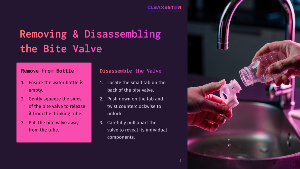 A Person Holding A Transparent Bite Valve Next To A Sink, With Instructional Text On The Left Side Outlining Cleaning Steps.
