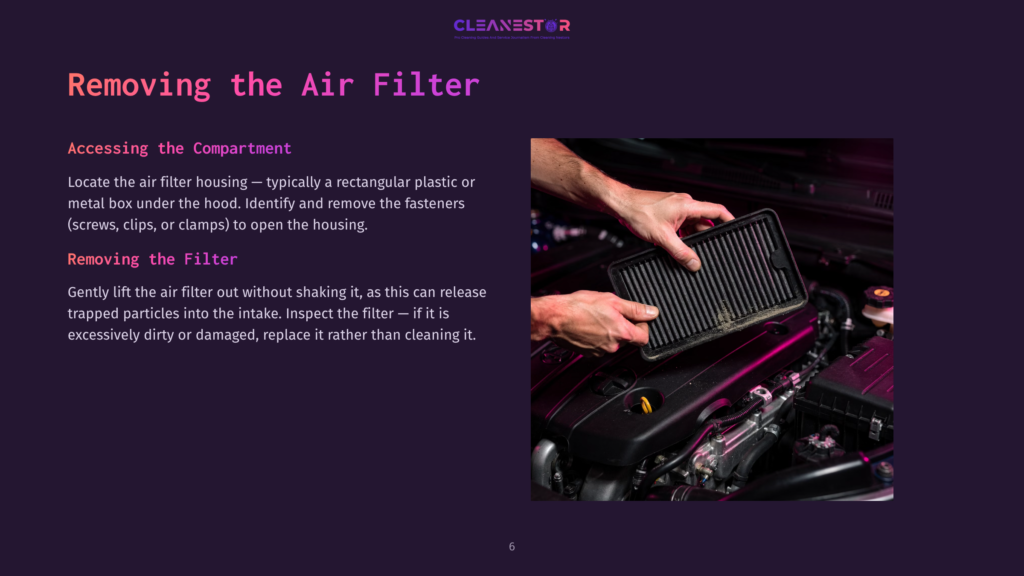 A Hand Holding A Dirty Air Filter Above A Car Engine, With A Purple And Black Background Emphasizing Cleaning Instructions.