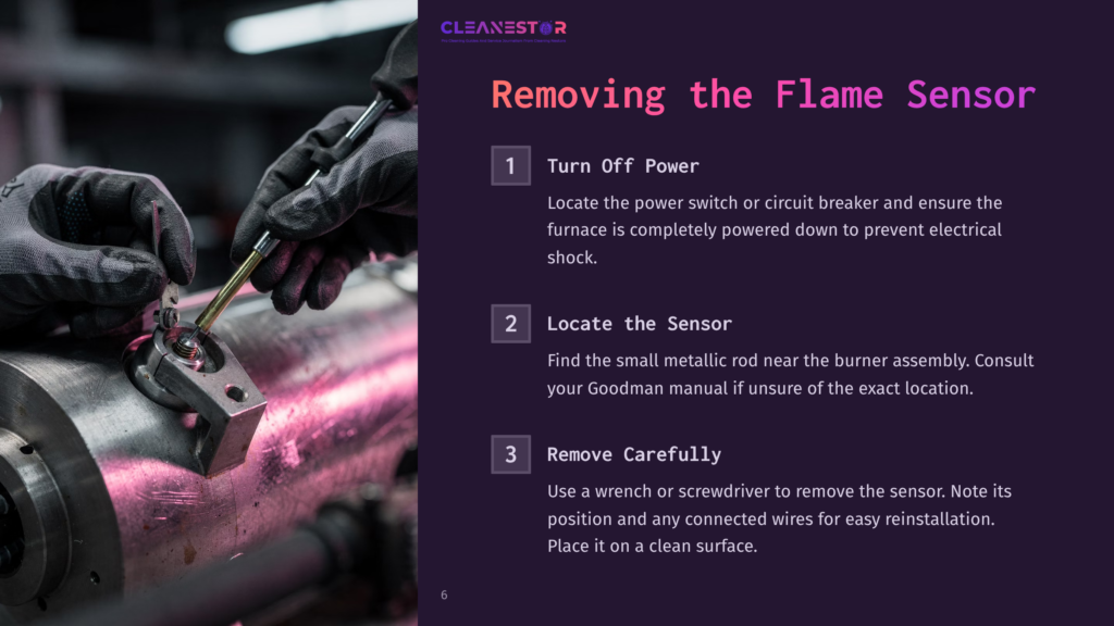 Metallic Furnace Component Being Serviced With A Wrench; Dark Industrial Background With Highlighted Text Instructing On Flame Sensor Maintenance.