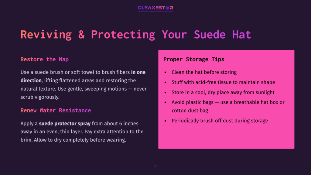 6 Reviving And Protecting Your Suede Hat A Slide Titled &Quot;Reviving &Amp; Protecting Your Suede Hat&Quot; With Tips For Restoring Nap And Proper Storage, Including Cleaning And Storing In A Cool, Dry Place Away From Sunlight.