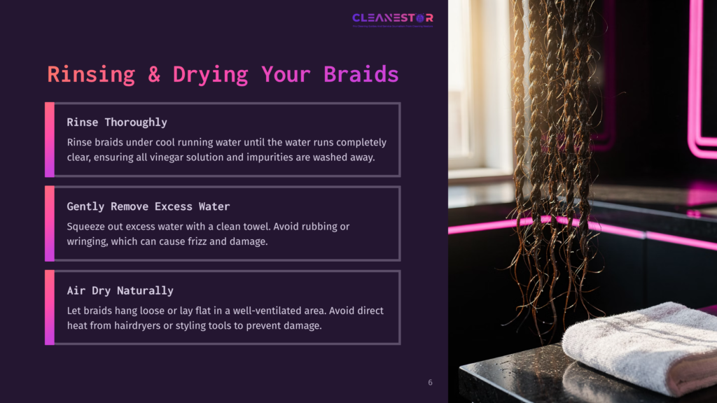 Close-Up Of Long, Dark, Wet Braided Hair Hanging Down, Dripping Water Into A Sink With A White Towel Nearby. Text Overlay Reads &Quot;Rinsing &Amp; Drying Your Braids&Quot;.