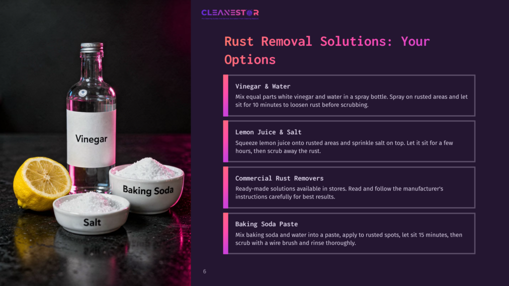 A Bottle Of Vinegar, Bowls Of Baking Soda And Salt, And A Lemon Next To A Recipe Layout Outlining Rust Removal Methods.
