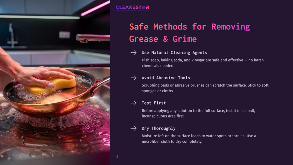 A Hand With A Yellow Sponge Scrubs A Copper Pot In A Sink With Pink And Purple Lighting Reflecting On The Wet Surfaces.