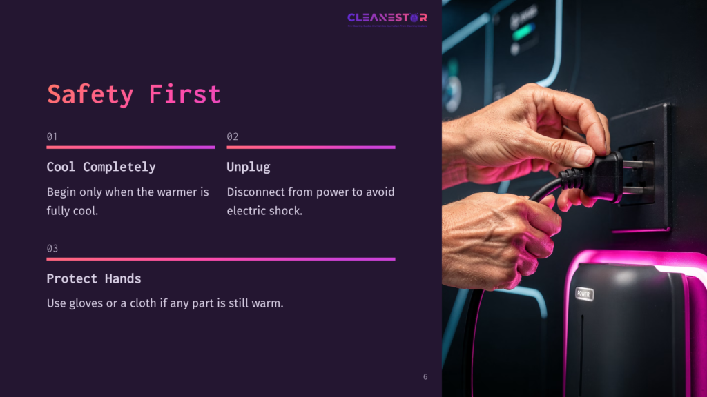 6 Safety First Close-Up Of Hands Unplugging A Black Power Cord From A Wall-Mounted Charging Station With A Pink Illuminated Base. Text On Screen Reads &Quot;Safety First,&Quot; &Quot;Cool Completely,&Quot; &Quot;Unplug,&Quot; And &Quot;Protect Hands.