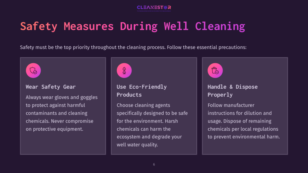 Infographic With The Title &Quot;Safety Measures During Well Cleaning&Quot; Outlining Three Key Safety Points: Wear Safety Gear, Use Eco-Friendly Products, And Handle &Amp; Dispose Properly, With Icons Representing Each.