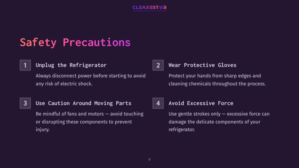 Dark Background With White And Purple Text Listing Safety Precautions For Cleaning A Refrigerator, Featuring Numbered Sections And Icons.