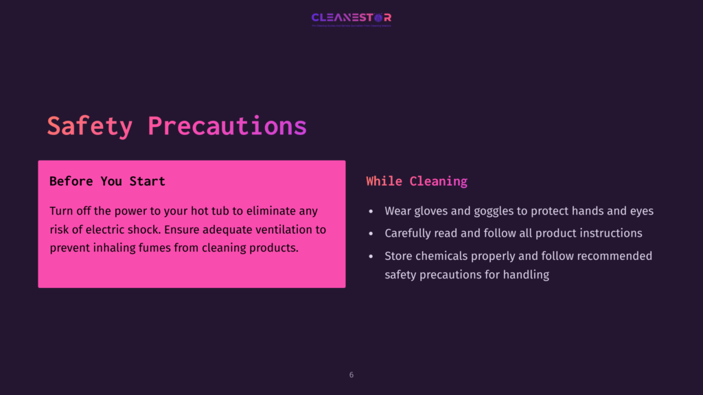 Text On A Dark Purple Background Highlights Safety Precautions For Cleaning A Hot Tub, Emphasizing Protective Gear And Proper Chemical Handling.