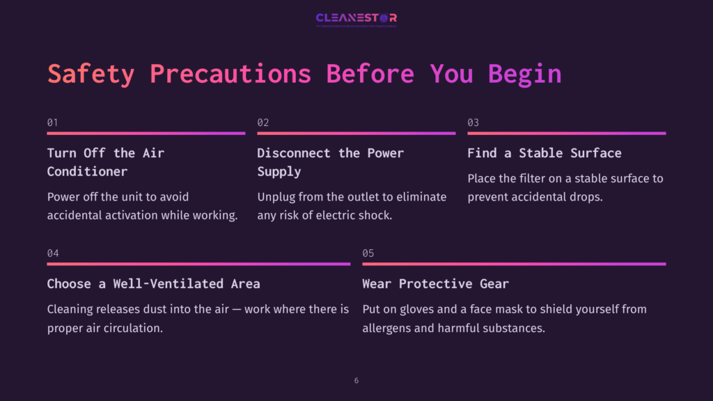 6 Safety Precautions Before You Begin Safety Precautions For Cleaning: Turn Off Air Conditioner, Disconnect Power Supply, Find Stable Surface, Choose Well-Ventilated Area, And Wear Protective Gear.