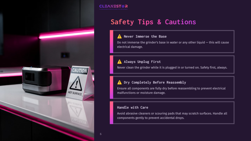 A Black Hamilton Beach Coffee Grinder On A Countertop Beside A Caution Sign, With Colorful Lighting And Safety Tips Listed In Bold Text.