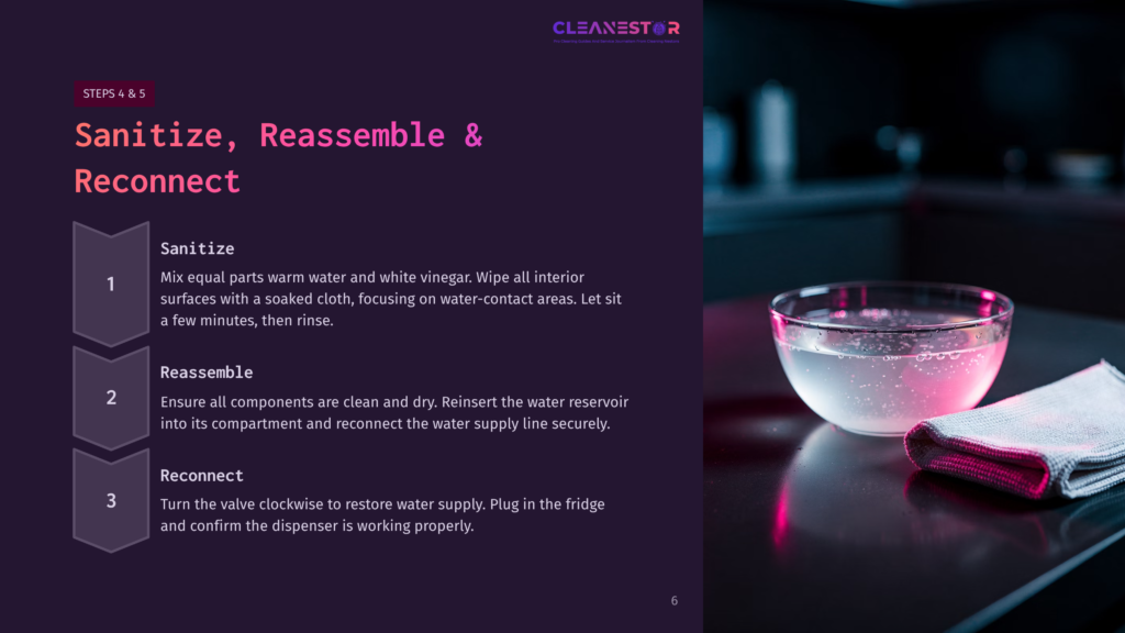 6 Sanitize Reassemble And Reconnect Steps 4 &Amp; 5: Sanitize, Reassemble &Amp; Reconnect. A Glass Bowl Of Clear Water With Bubbles Sits Next To A Neatly Folded White Microfiber Cloth.